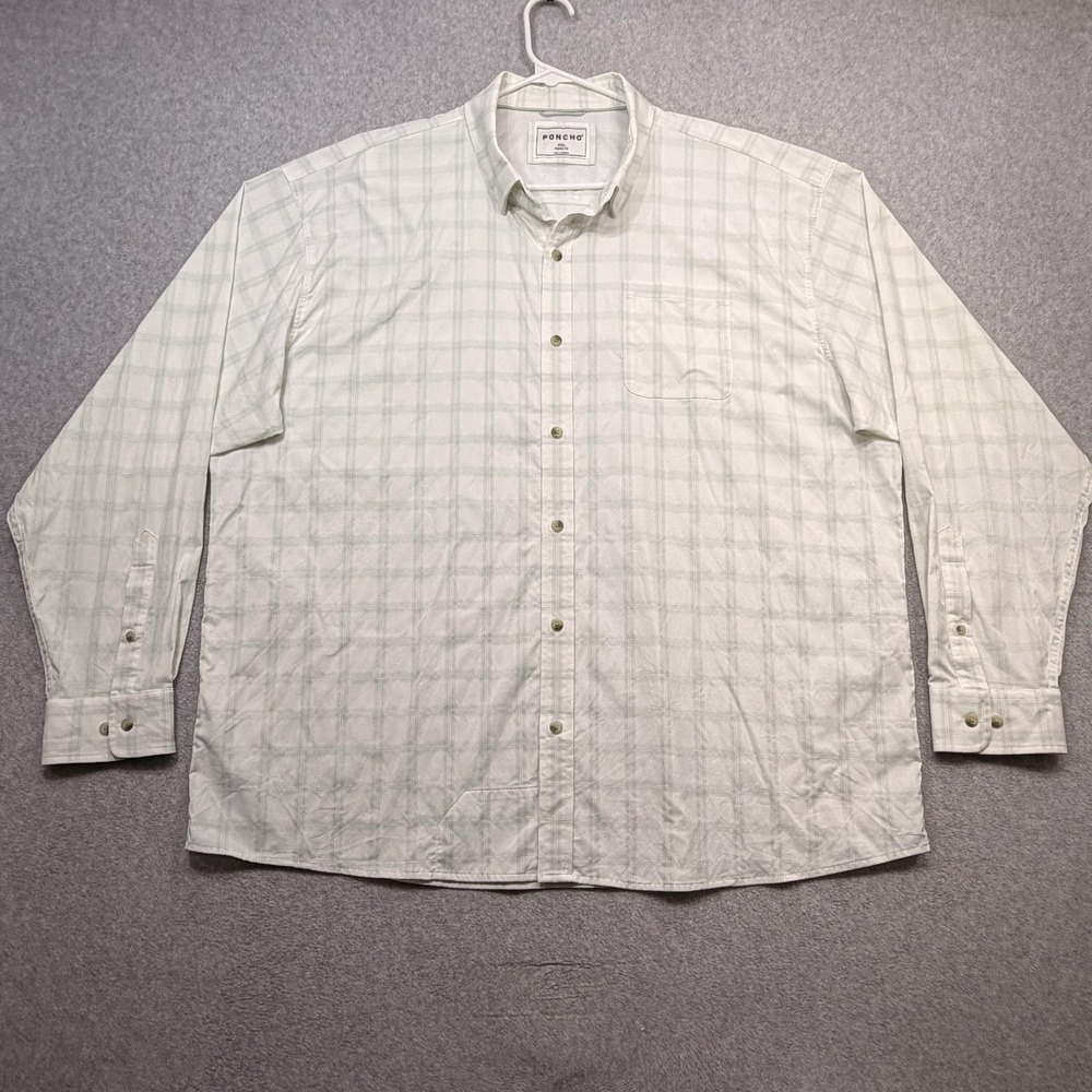 Poncho Shirt Mens XXL White Green Plaid Long Sleeve Button Front Stretch Casual